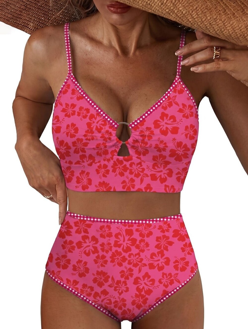 Womens Pink Cutout Tropical Floral High-Waist Flattering Modest Bikini Set, M